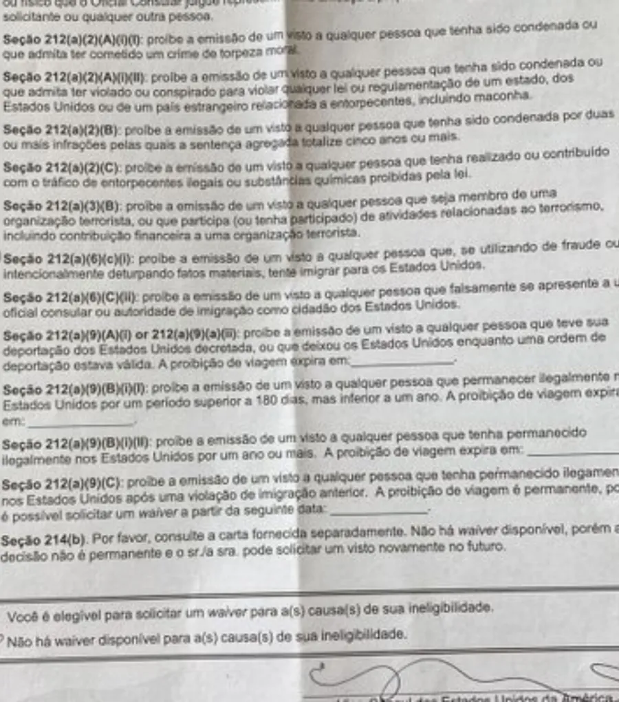 Imagem Carta negativa visto americano 212a